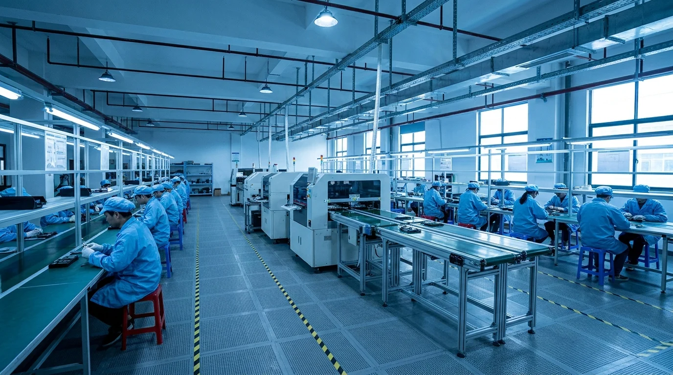 Electronic safety device manufacturer factory floor with staff at the assembly lines