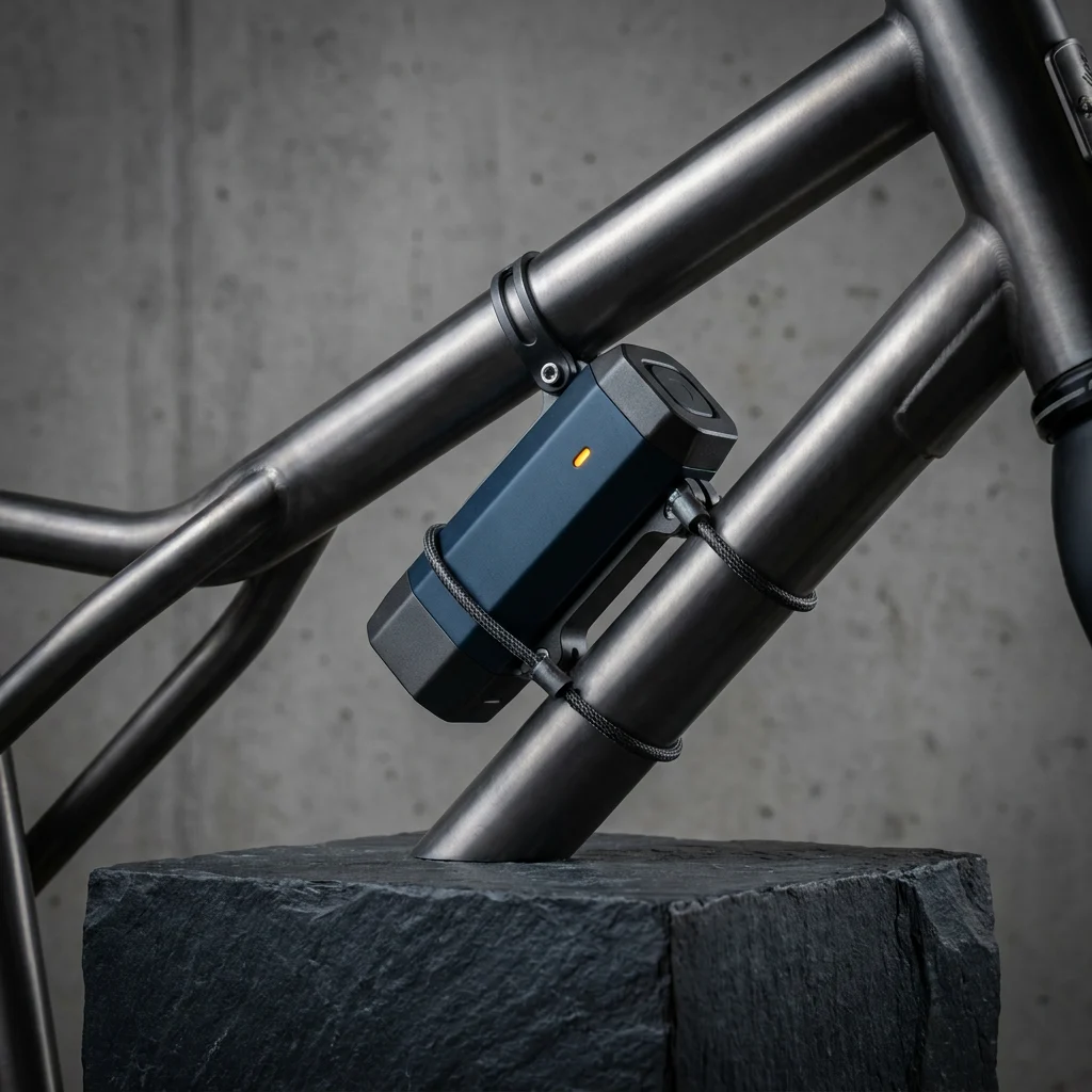 Bike alarm manufacturer unit mounted on a bicycle frame with vibration detection, on dark slate