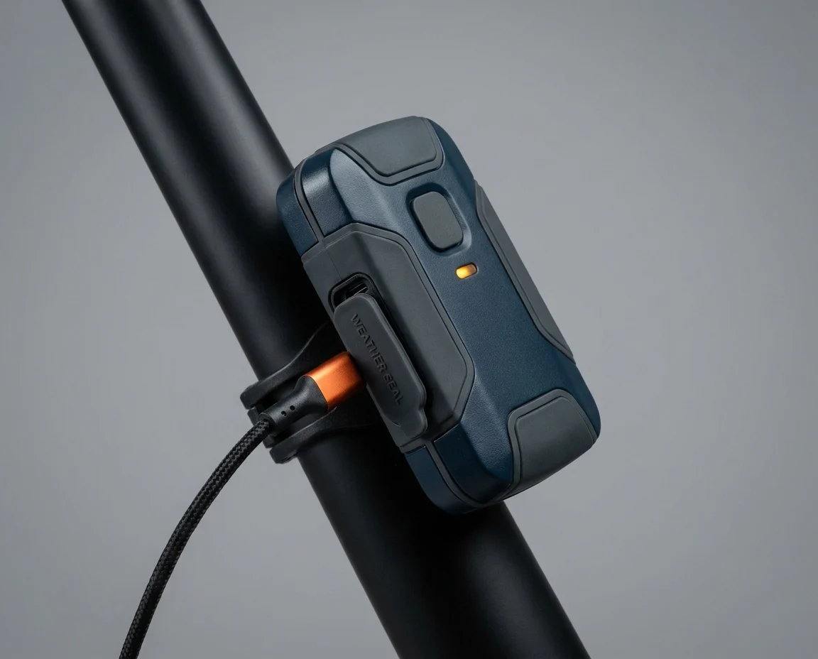 USB-C charging on a mounted bike alarm unit with a weather-covered port