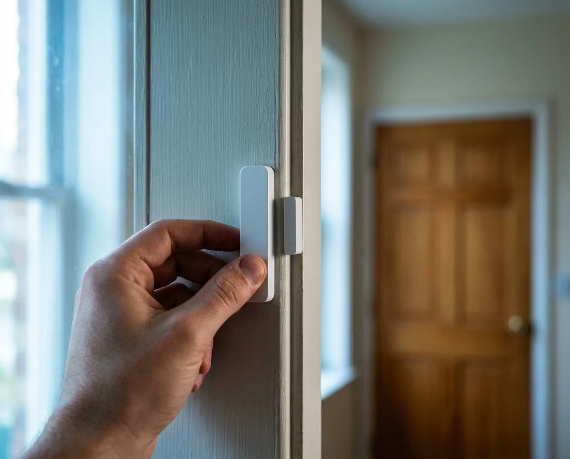 Hand pressing a slim door and window sensor onto a door edge, magnet half on the moving leaf