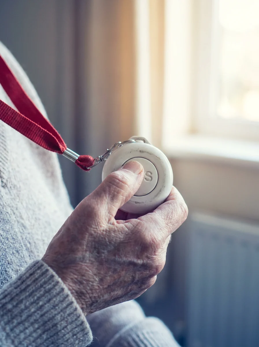 An older hand holding and pressing a large one-touch SOS pendant alarm