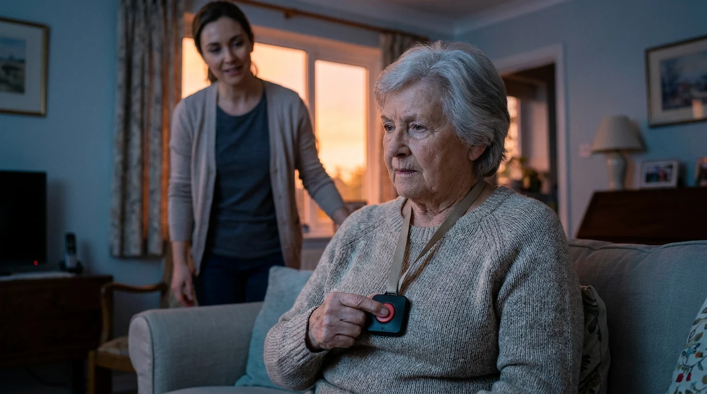 An elderly person pressing a large one-touch SOS pendant personal alarm at dusk as a carer responds nearby