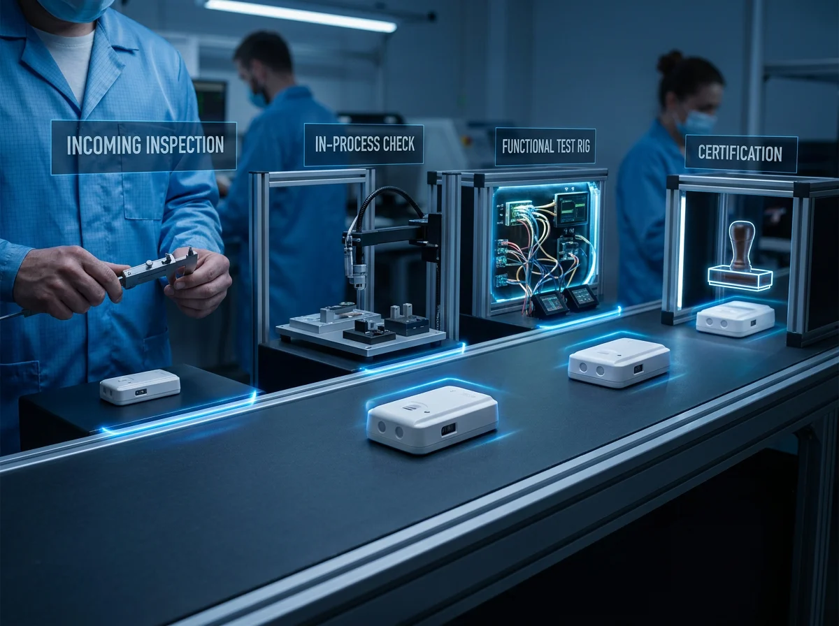 Security device on a slate inspection bench moving through incoming, in-process, functional test and certification stations