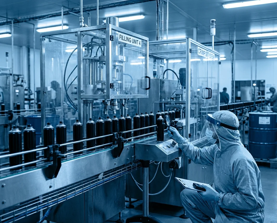 Pepper spray OC-fill and sealing line with QC inspection at the factory