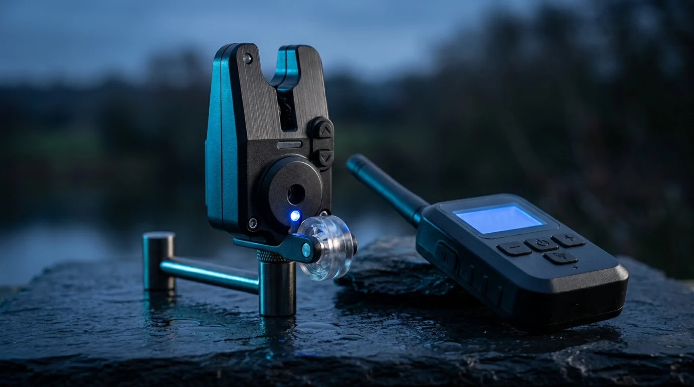 Fishing bite alarm manufacturer unit on a rod-pod with roller-wheel line-movement bite detection and wireless receiver, on dark slate