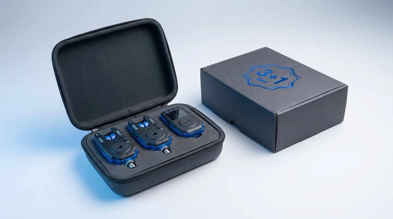Fishing bite alarm 3+1 set laid out in a fitted EVA case beside a gift-boxed set