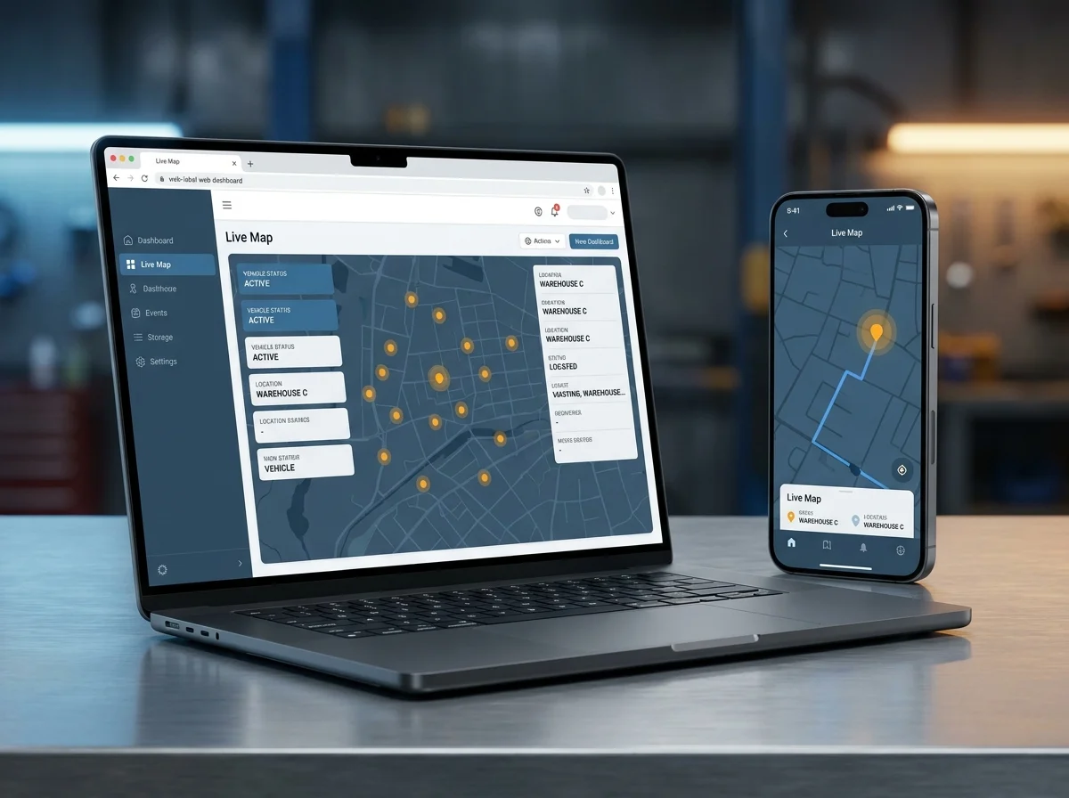 OEM white-label GPS tracking platform web dashboard on a laptop and the app on a phone showing the live map