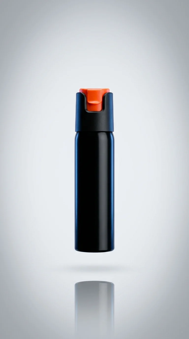Pepper spray canister with safety flip-top projecting a defensive reach
