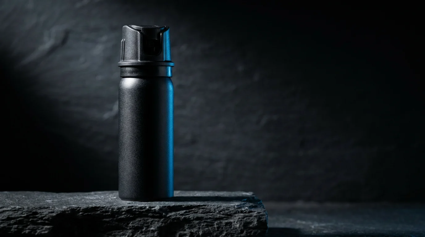 Pepper spray manufacturer canister on a slate field projecting a defensive reach to a safe distance