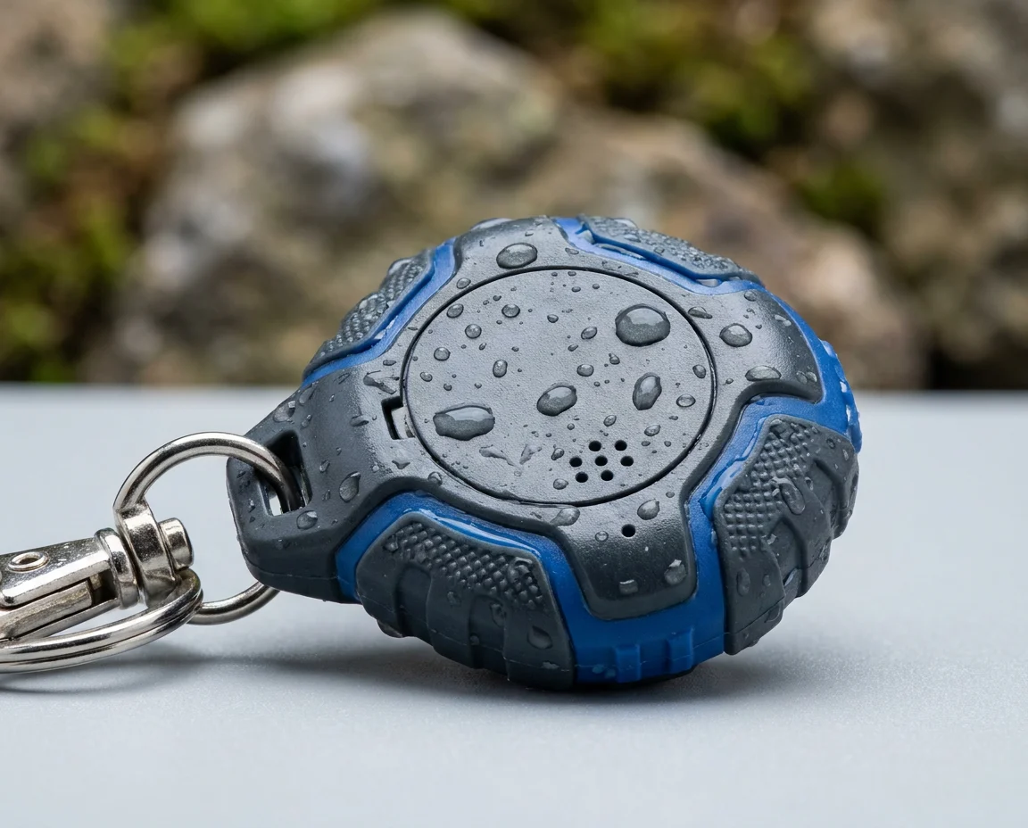 IP67 waterproof key finder outdoors on a keychain with battery and buzzer detail