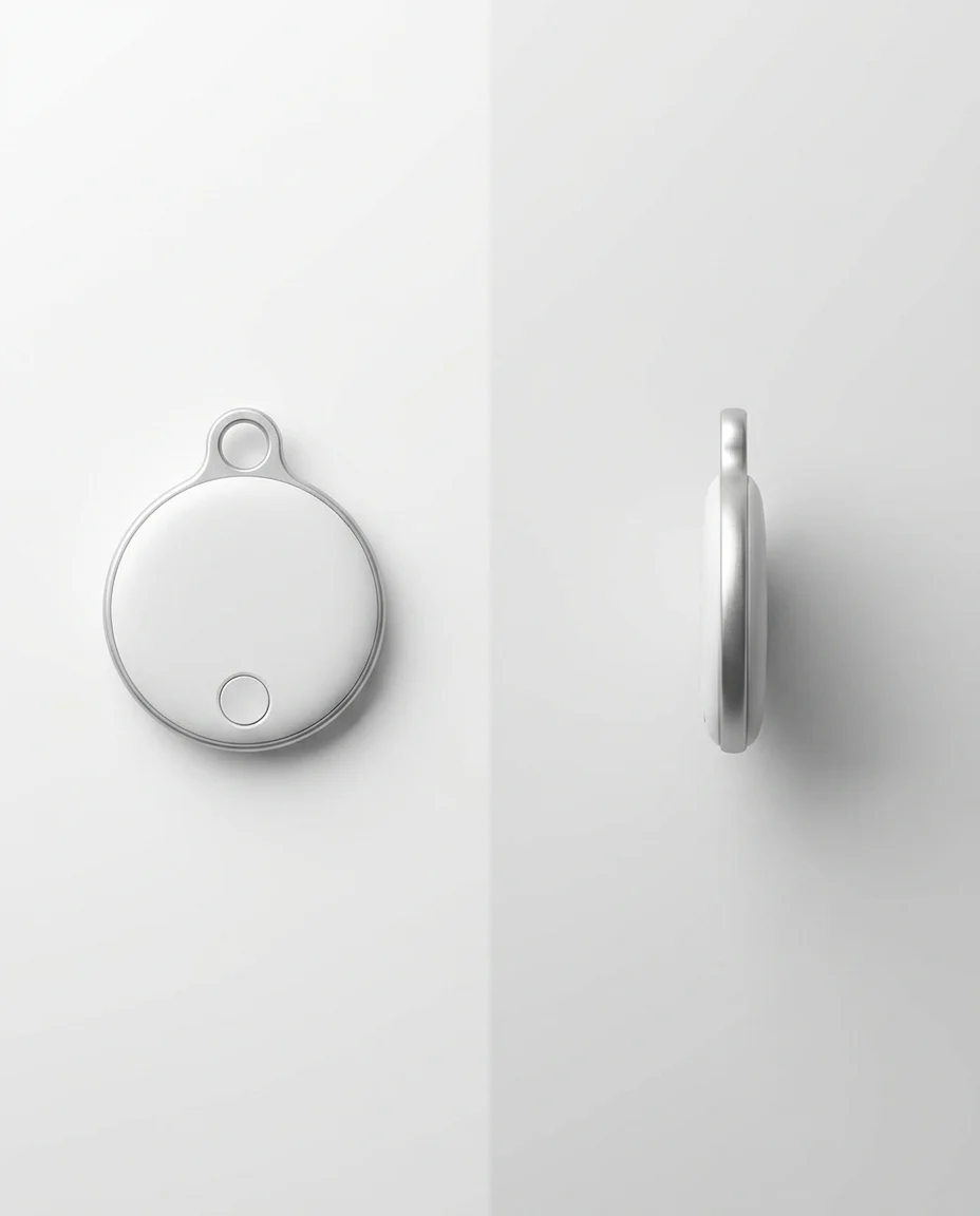 Bluetooth key finder product on white with dimension callouts