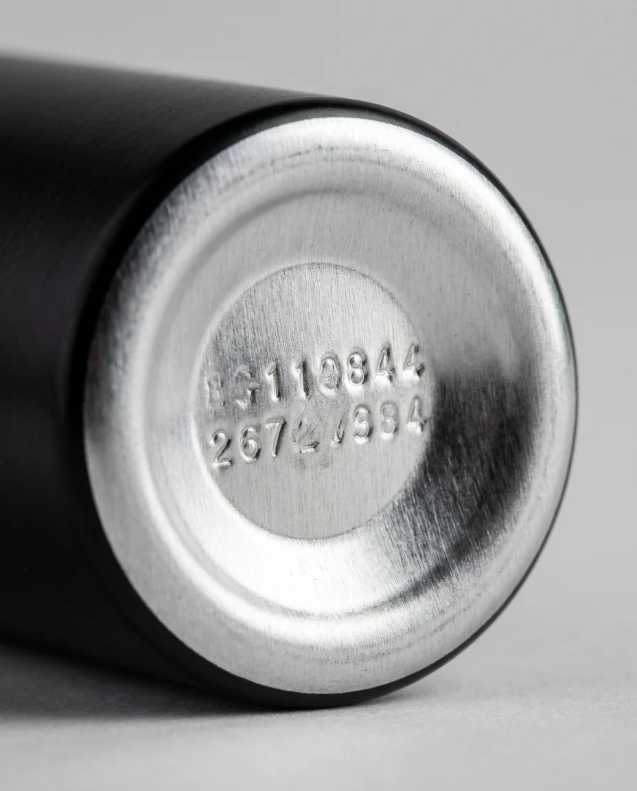 Pepper spray canister base macro showing the printed expiration date and batch code