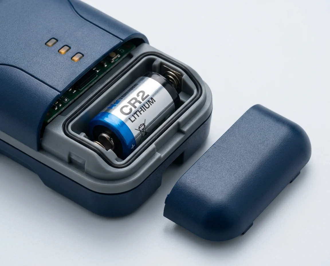 Open battery compartment with a CR2 cell beside an app low-battery alert