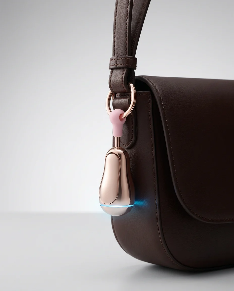 Discreet fashionable personal alarm for women hanging as a charm on a handbag
