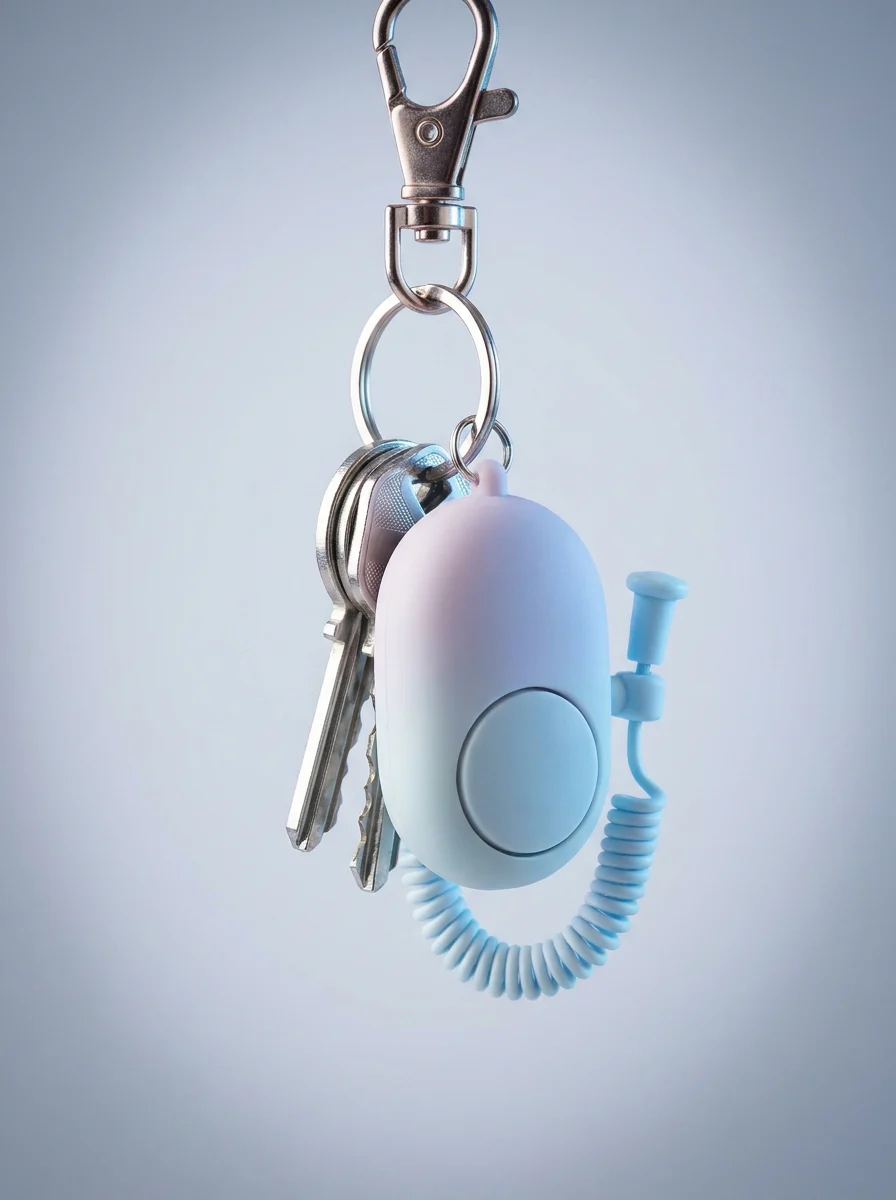 Discreet women's personal safety alarm styled as a bag charm on a set of keys