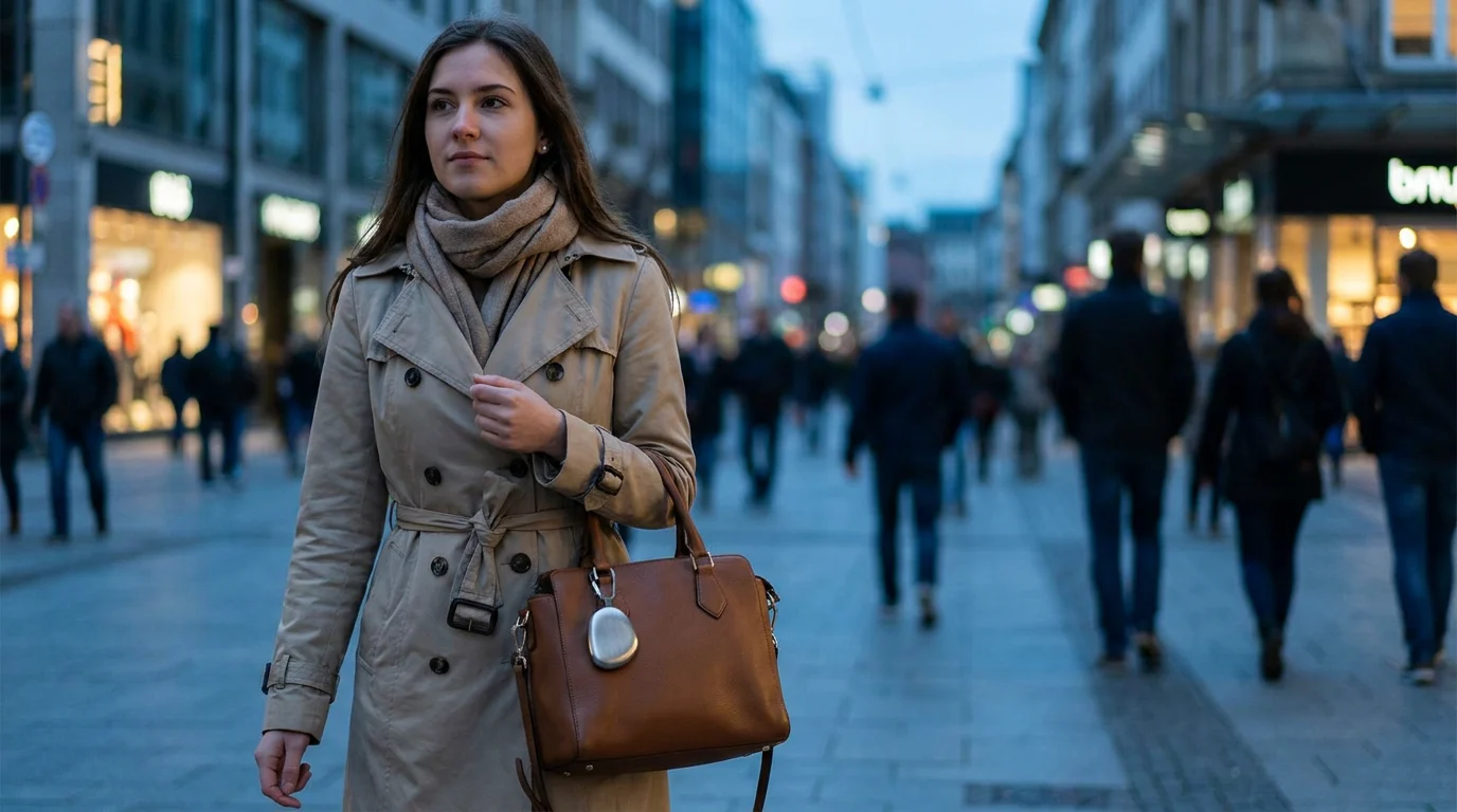 Women's personal safety alarm carried as a discreet bag accessory at dusk